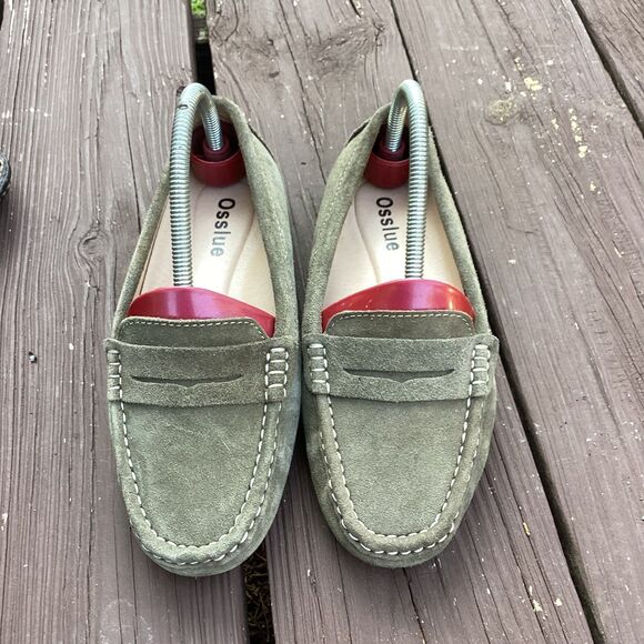 Osslue Suede Penny Loafers Women’s 7.5 Olive Green Driving Moc Flats - Picture 1 of 5